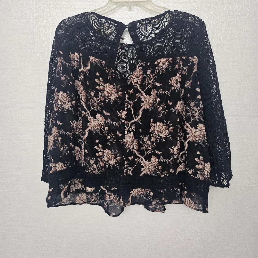 Denim & Supply Ralph Lauren black lace blouse with brown floral print, size L.